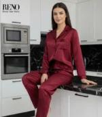 Luxury Satin Pajama Set in Dark Red – High-Quality Imported