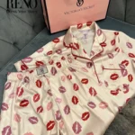 Satin Pajama Set – Luxury Inspired Design with Lips Print (High-Quality Imported)
