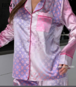 Luxury Satin Pajama Set in Pink Gradient – Inspired Monogram Design (High-Quality Imported) - Image 4