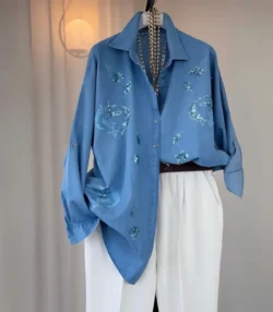 Imported Turkish Denim Shirt – Elegant Embroidered Design with Soft Fabric