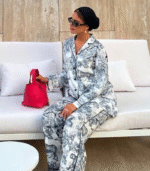 Silk Satin Suit – Gray × Black