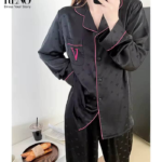 Black Satin Pajama Set with Pink Details – Elegant & Feminine