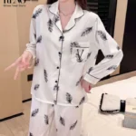 White Satin Pajama Set with Feather Print – Elegant & Soft