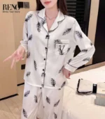 White Satin Pajama Set with Feather Print – Elegant & Soft